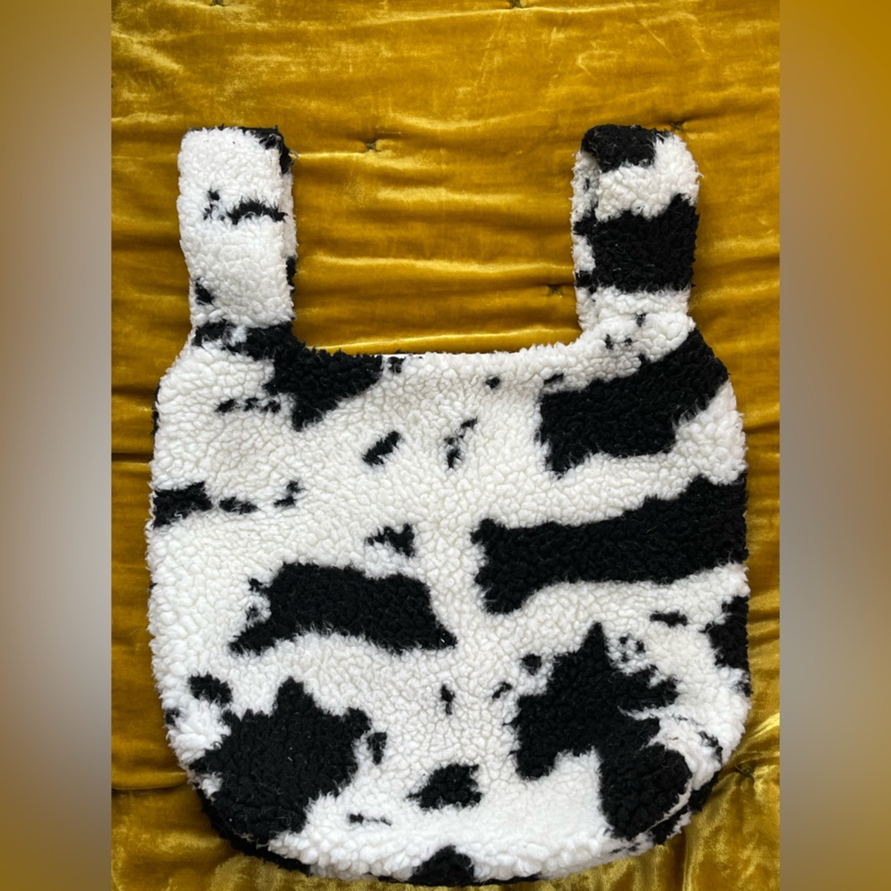 Black and White Cow Print Fuzzy Tote Bag
